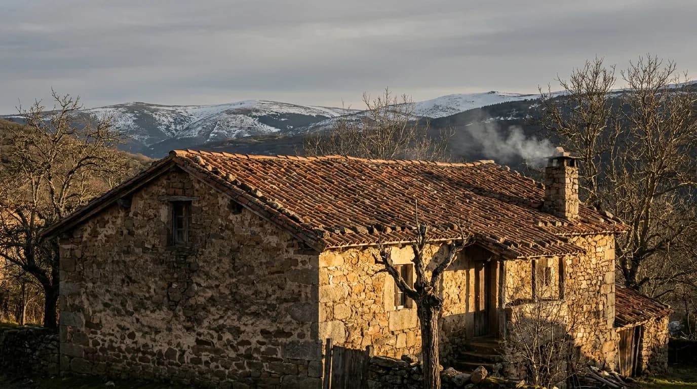 Casa de piedra en un pueblo de montaña del norte de España, a última hora de una tarde de invierno.